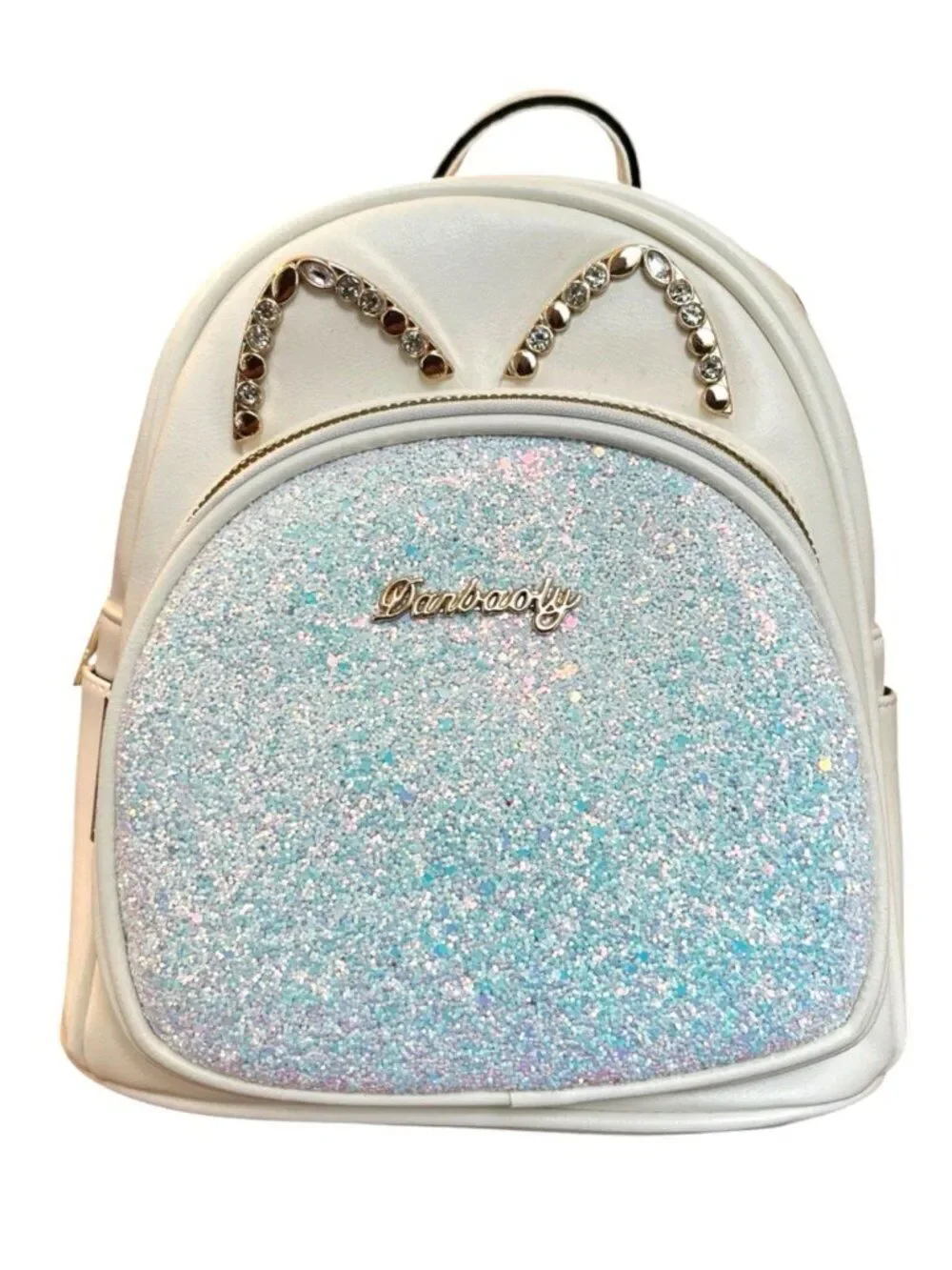 Mini Girls Backpack White Faux Leather Cat Sequin Ears Zip Shoulder Straps New